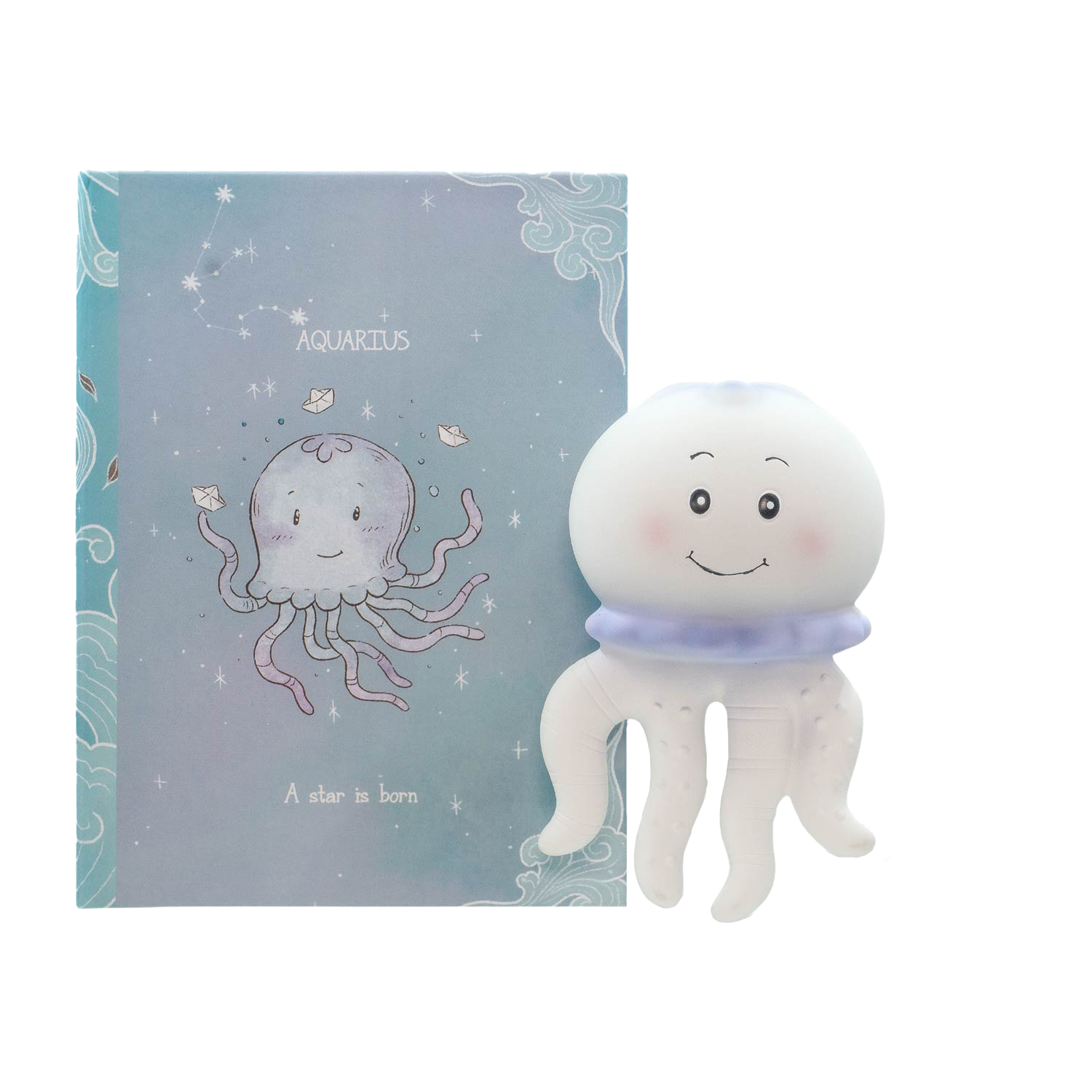 Aquarius teething toy that is carefully hand-painted & presented in a colourful box. If baby is born between the 20th of January - 18th of February then Aquarius is the zodiac star sign to buy online now.