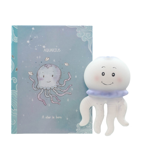 Aquarius teething toy that is carefully hand-painted & presented in a colourful box. If baby is born between the 20th of January - 18th of February then Aquarius is the zodiac star sign to buy online now.